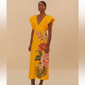 Farm Rio Spring Awakening - Yellow Floral Linen Midi Dress